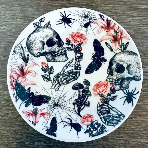 Halloween Gothic Skull Spider Mushroom Print Ceramic Serving Tray Plate - Picture 1 of 3